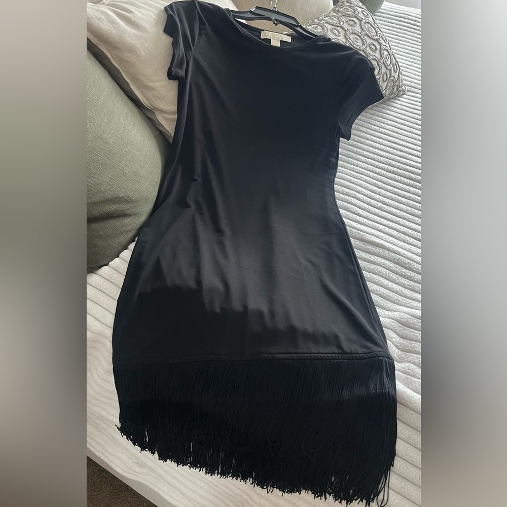 Michael Kors LBD Black Short Sleeve Stretch Dress with Fringe Bottom. XS